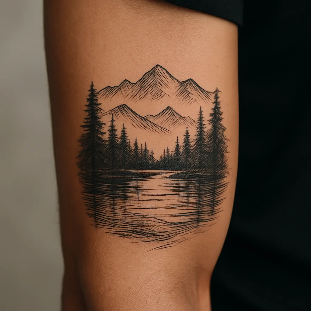 Layered pine and mountain landscape half sleeve tattoo on a man's outer forearm