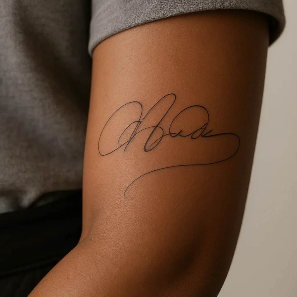 Life-size traced signature tattoo with trailing flourish in fine-line style on the inner forearm