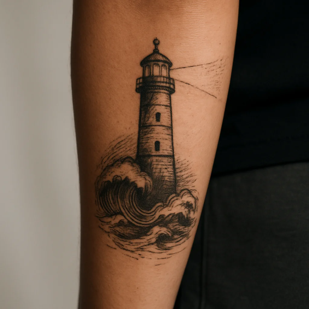 Lighthouse and storm sea in black and grey running up the outer forearm