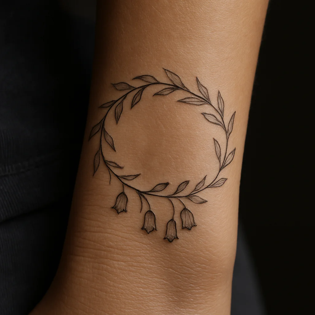 Lily of the valley bracelet tattoo circling the inner wrist in fine line