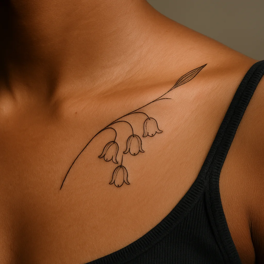 Lily of the valley stem tattooed along the collarbone with bells hanging beneath the bone