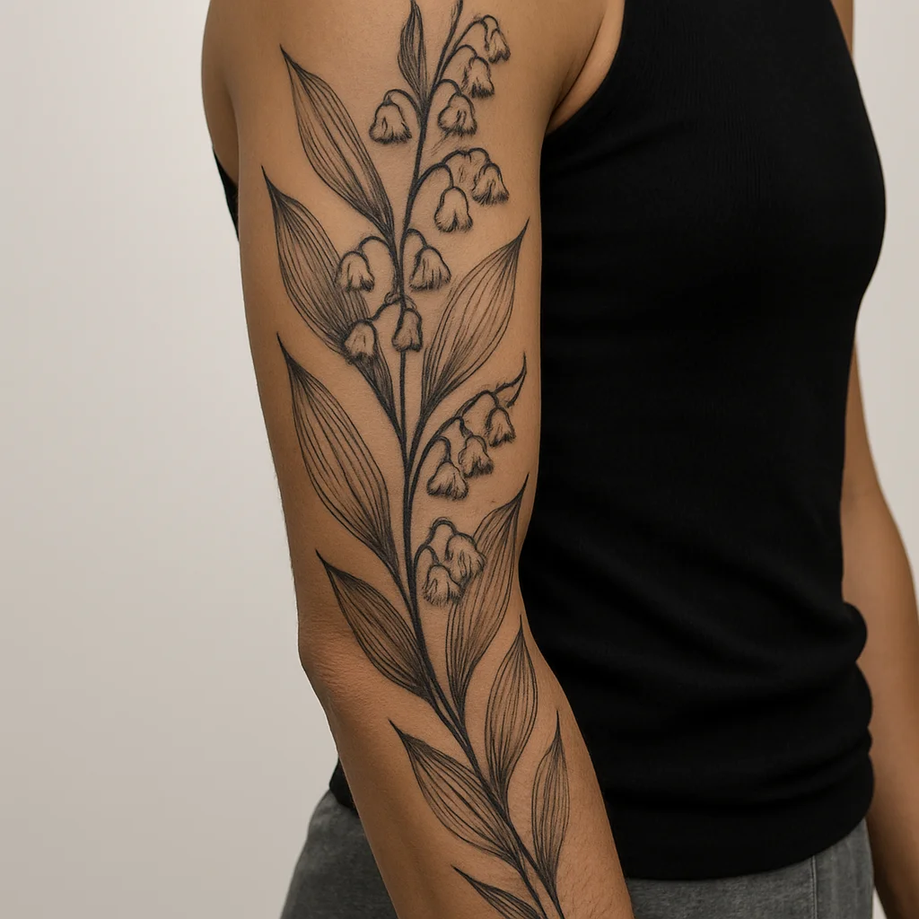 Lily of the valley stems climbing a full arm sleeve from wrist to shoulder