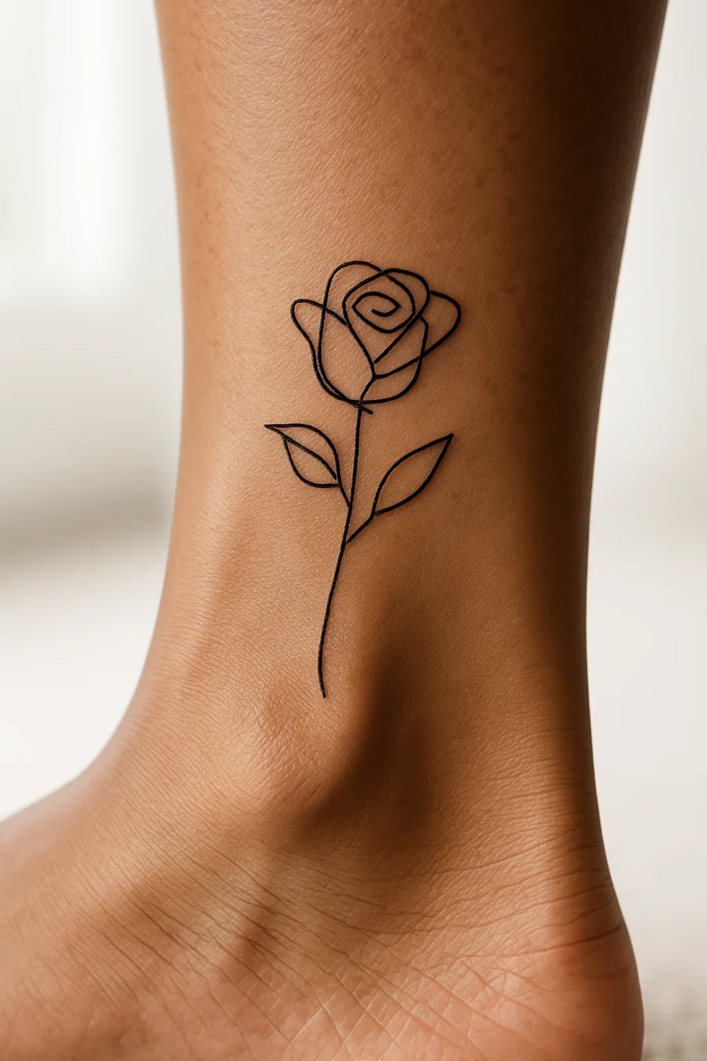 Line-only minimalist rose outline tattooed on the ankle
