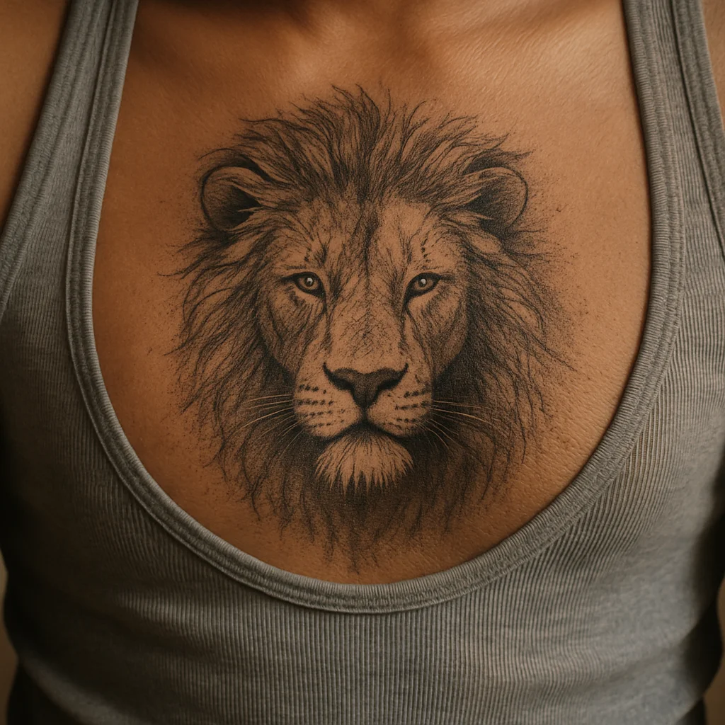 Lion head chest tattoo with dotwork mane shading facing outward from the sternum