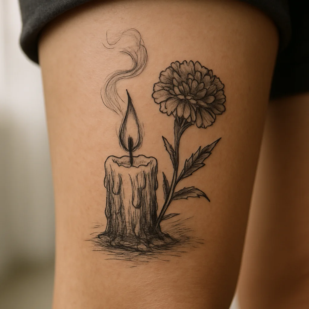 Lit candle with a marigold and curling smoke tattooed in illustrative style on the calf