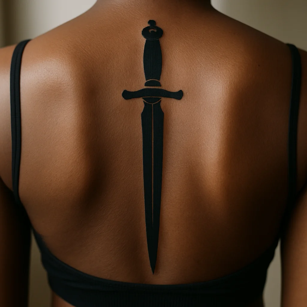 Long blackwork dagger tattoo running the length of the spine