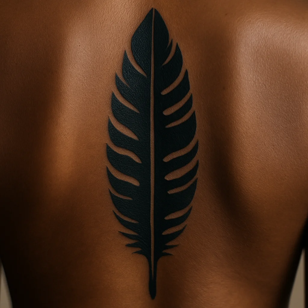 Long feather blackwork spine tattoo with negative space gaps in the barbs echoing vertebrae