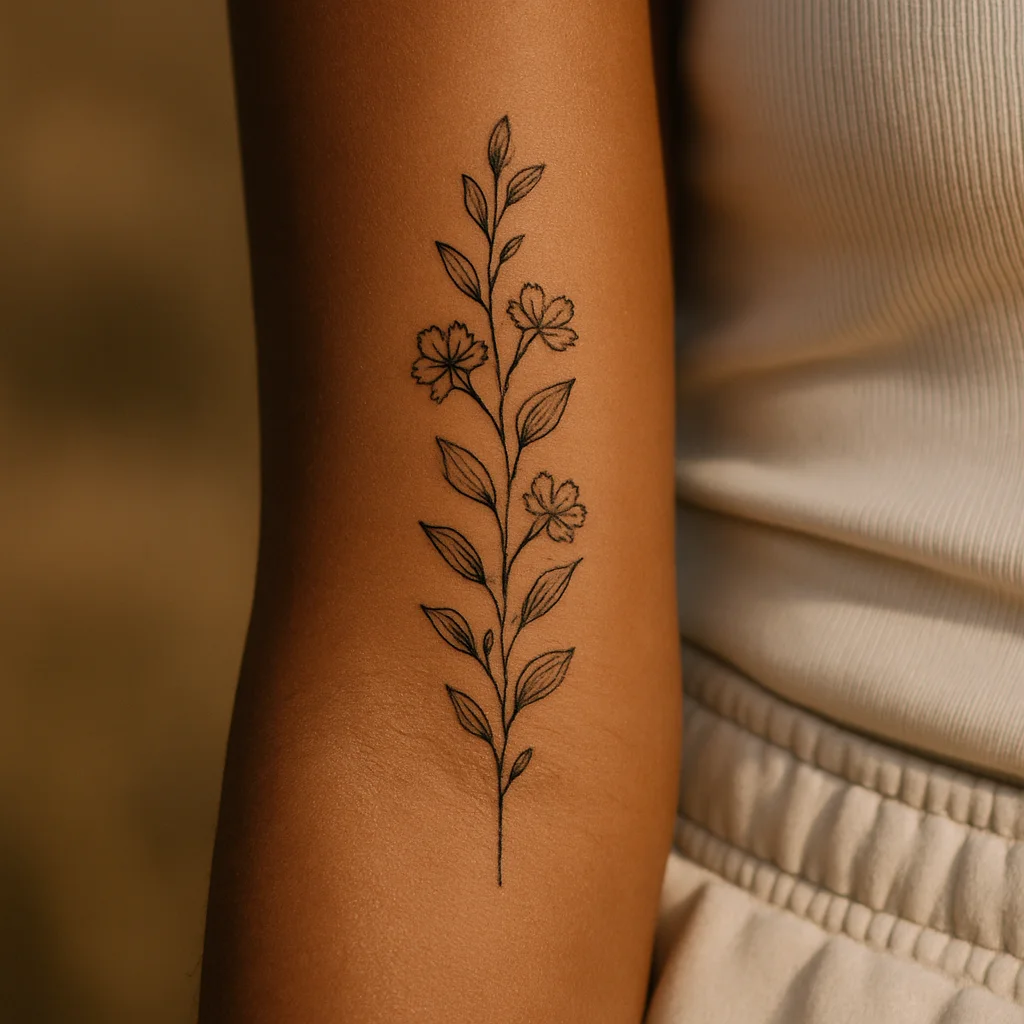 Long fine-line botanical panel filling the inner forearm from wrist to elbow crease