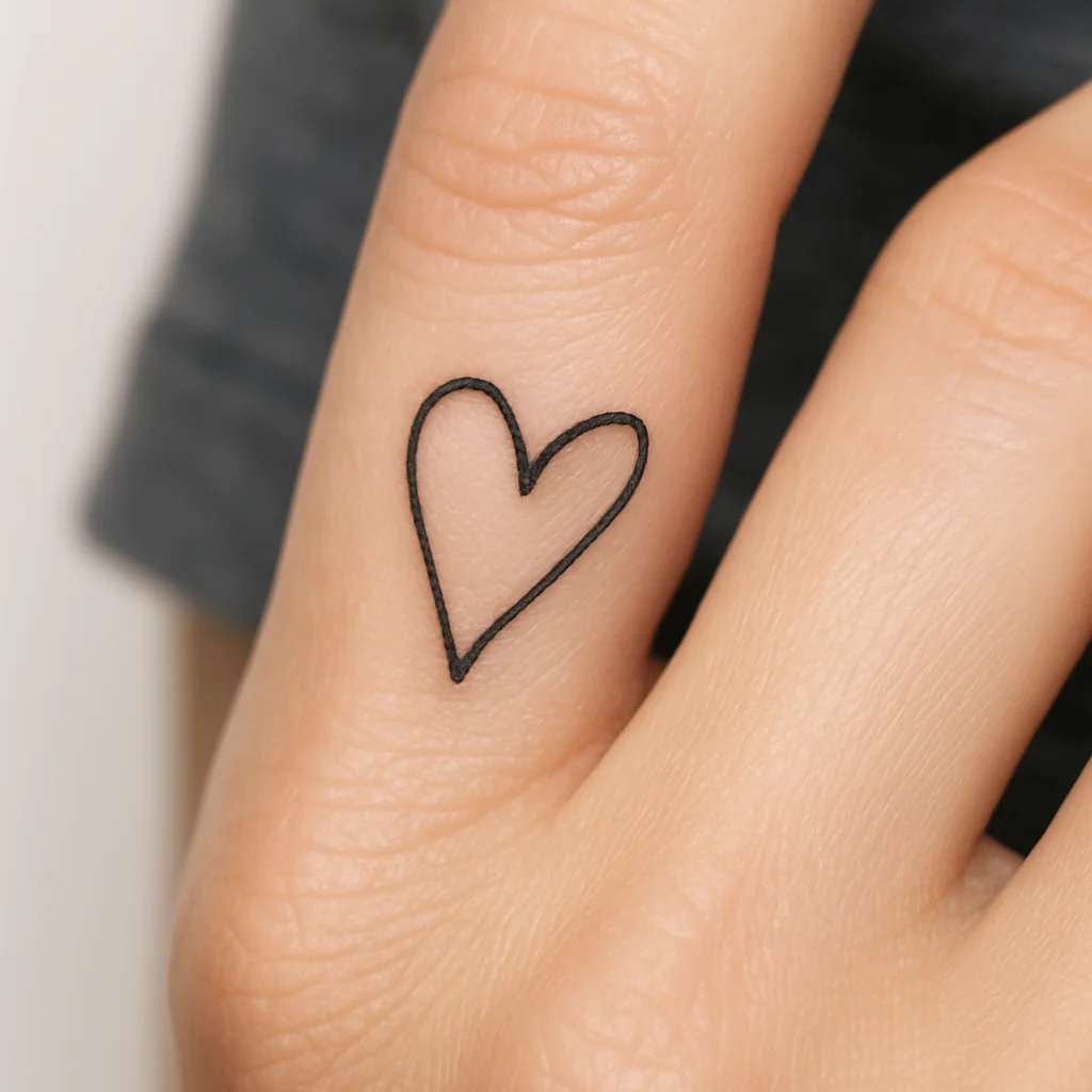 Lopsided handwritten heart doodle tattooed in minimalist style on a finger