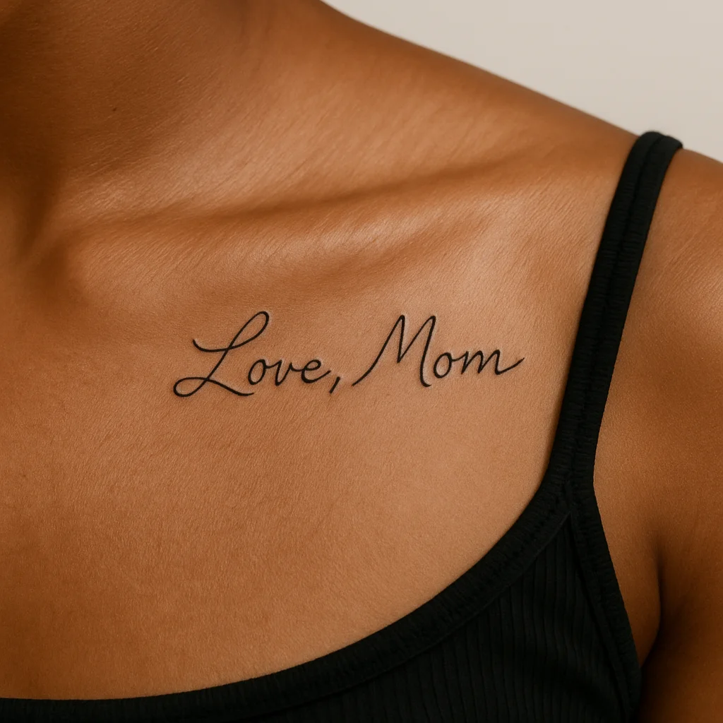 Love, Mom sign-off in real handwriting tattooed along the collarbone in fine-line script