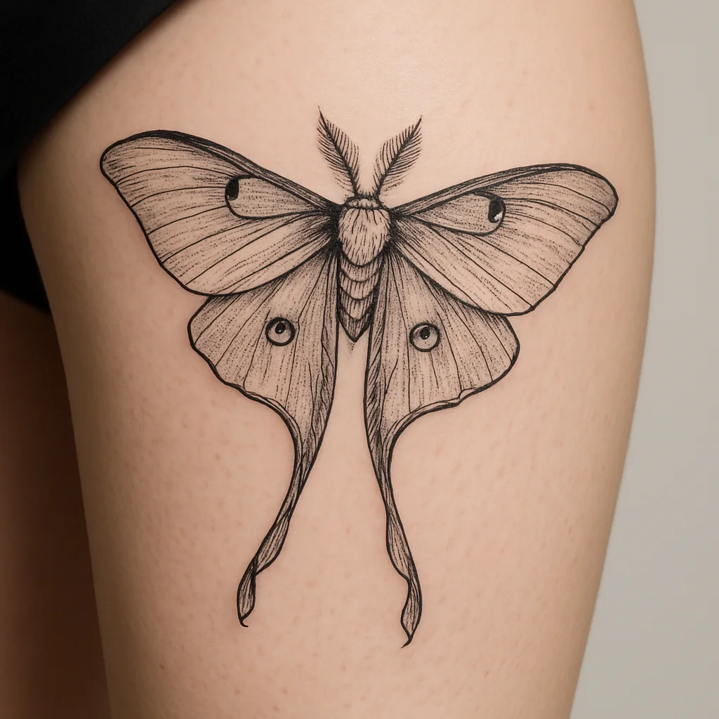 Luna moth tattoo with stippled shading and long tails on the thigh