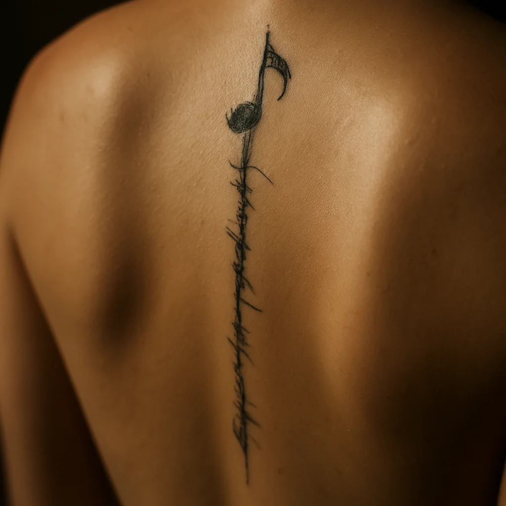 Lyric with musical rest mark illustrative tattoo stacked vertically along the spine