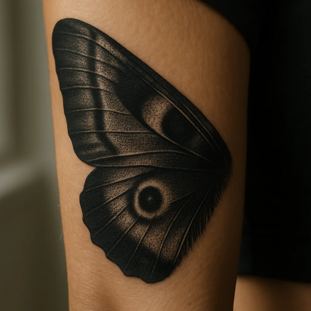 Macro moth wing tattoo in dense blackwork stipple across the outer forearm