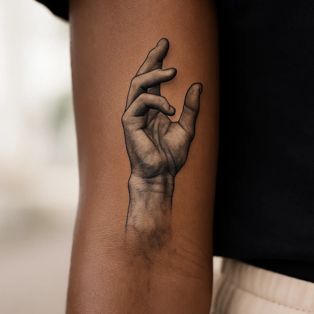 Marble statue hand fading into grey wash on the inner forearm