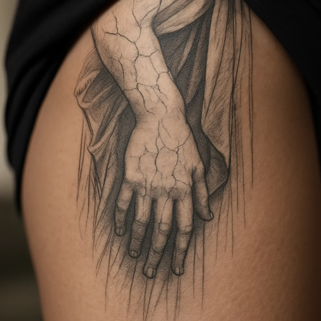 Marble statue hand reaching down the thigh with drapery in high-contrast illustrative shading