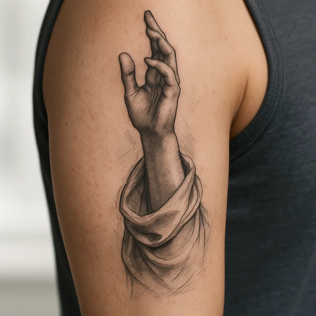 Marble statue hand with draped fabric folds in soft grey wash on the upper arm