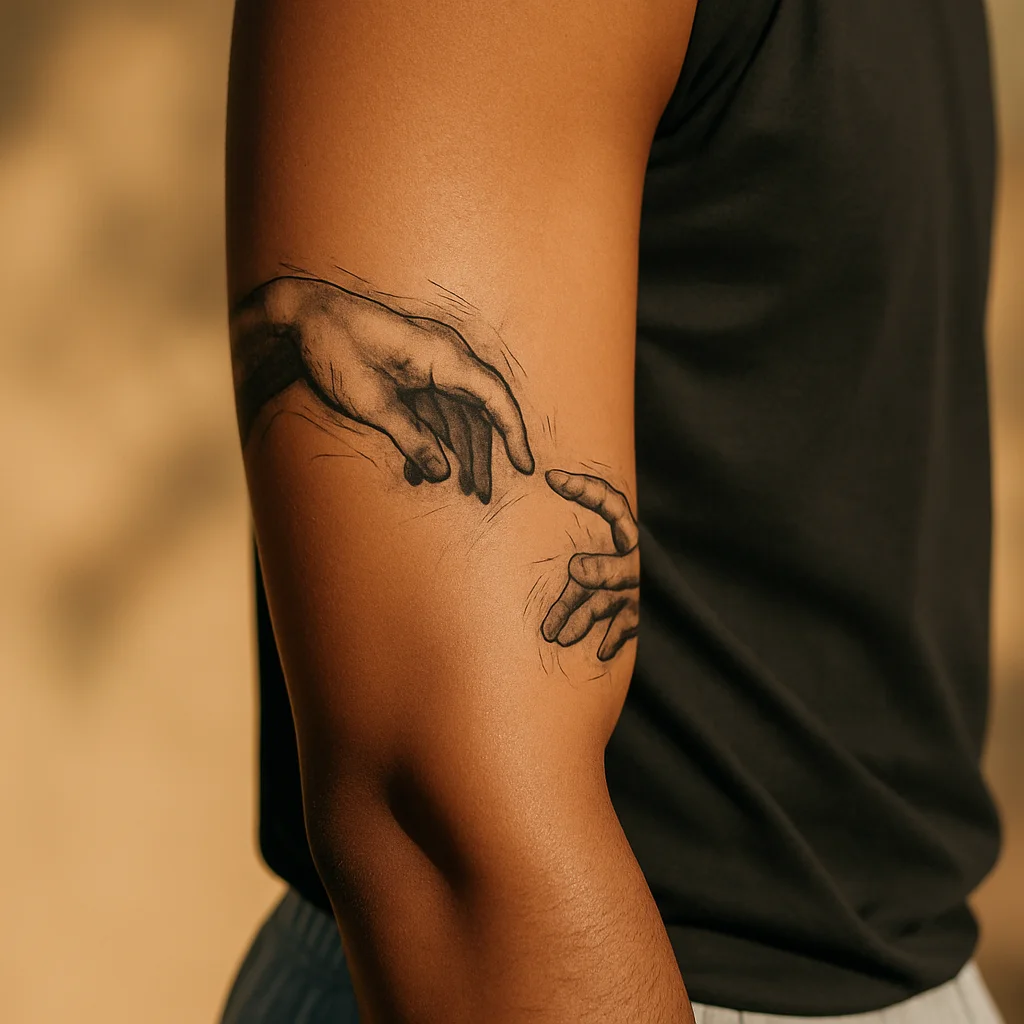Marble statue hands tattoo reaching across the elbow in black and grey realism on a woman's arm