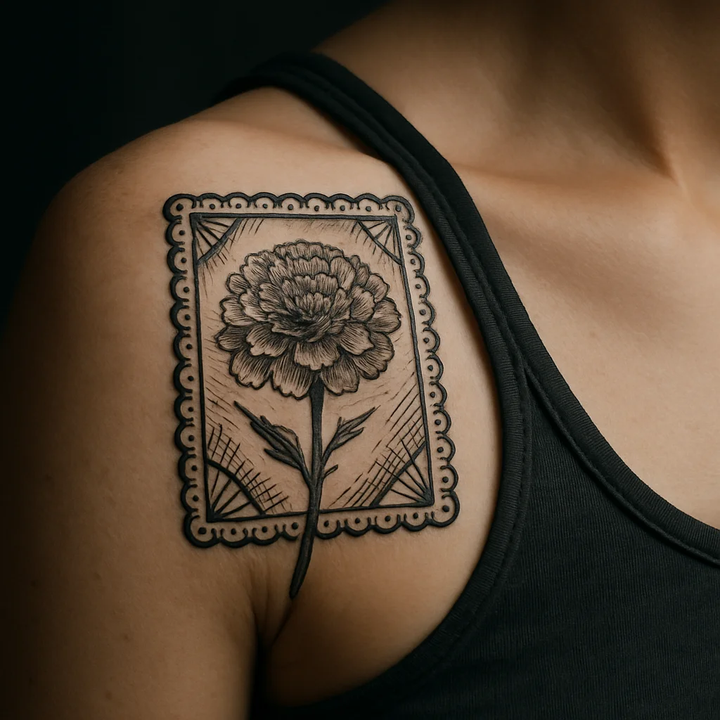 Marigold bloom framed by fringed papel picado banner tattooed on the shoulder