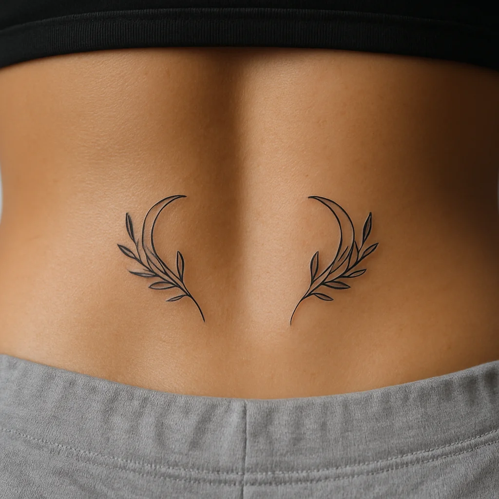 Matched pair of tiny mirrored fine-line motifs tattooed on the lumbar dimples either side of the spine