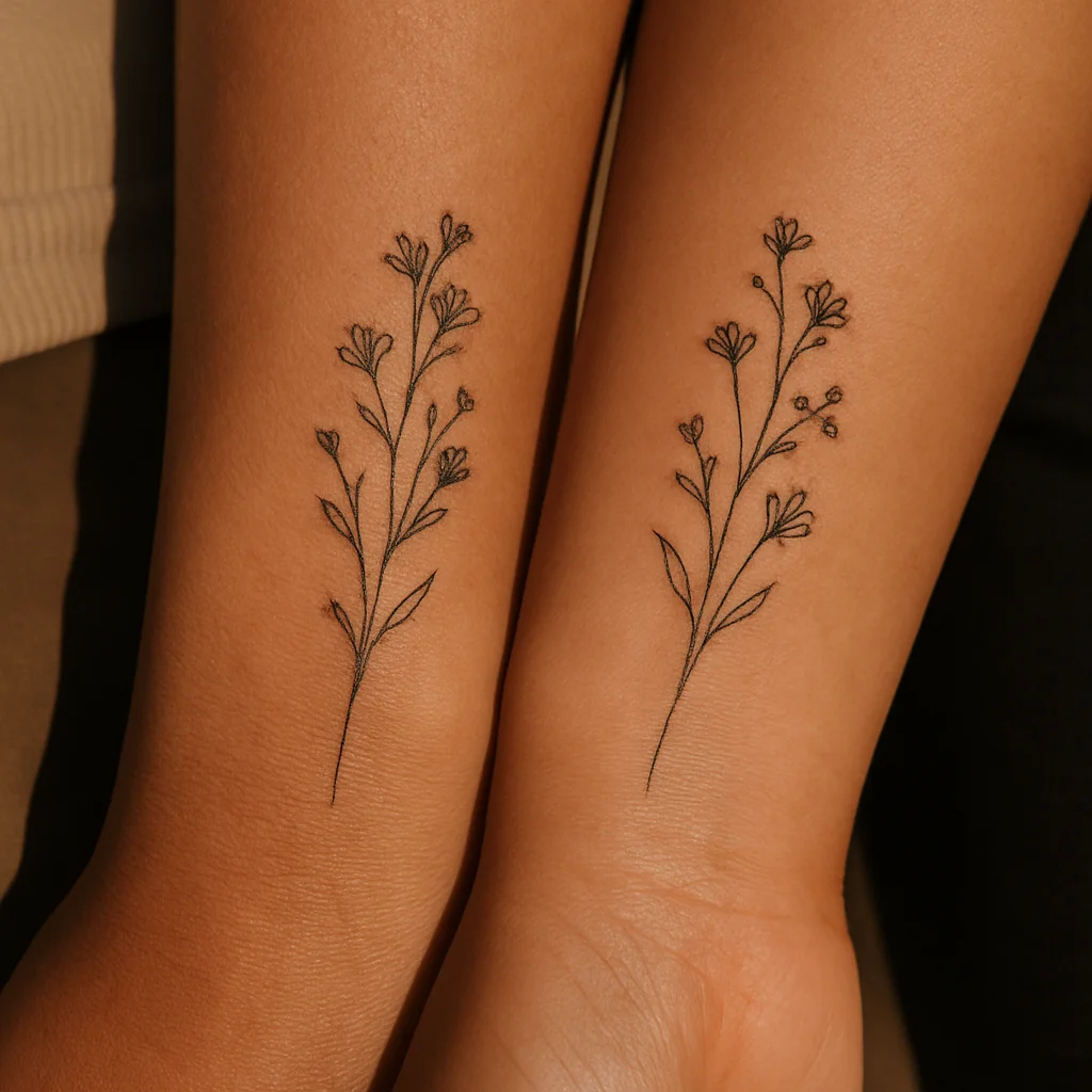 Matching fine-line wildflower sprigs on two inner wrists held side by side, mother and daughter pair