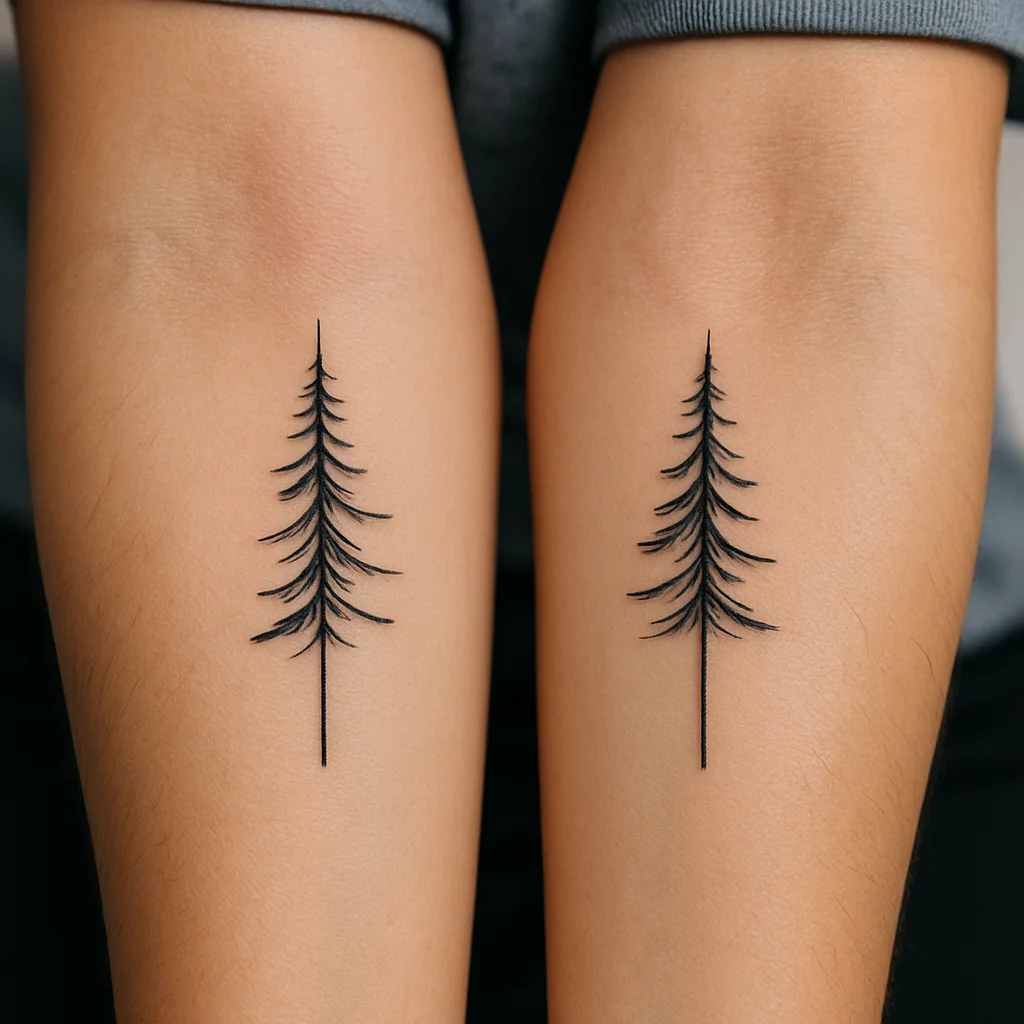 Matching minimalist pine tree tattoo positioned on the inner forearm for a father and son pair