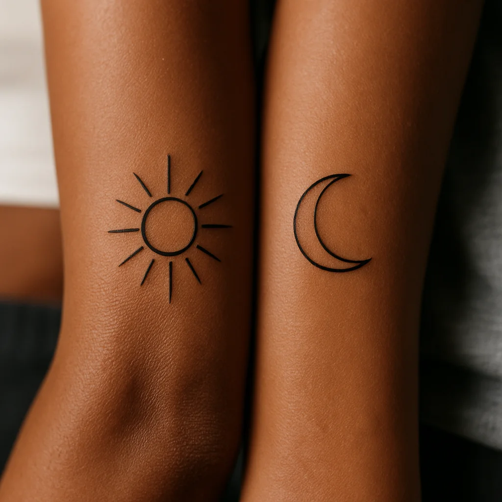 Matching minimalist sun and crescent moon split between two inner forearms held side by side
