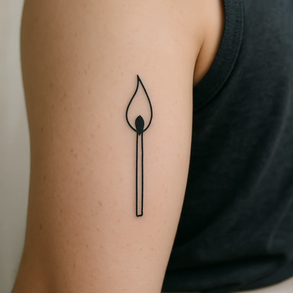Matchstick with solid tip and single teardrop flame, minimalist tattoo on upper arm