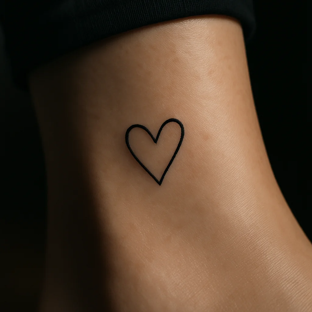 Micro heart outline tattoo drawn in one stroke on the inner ankle