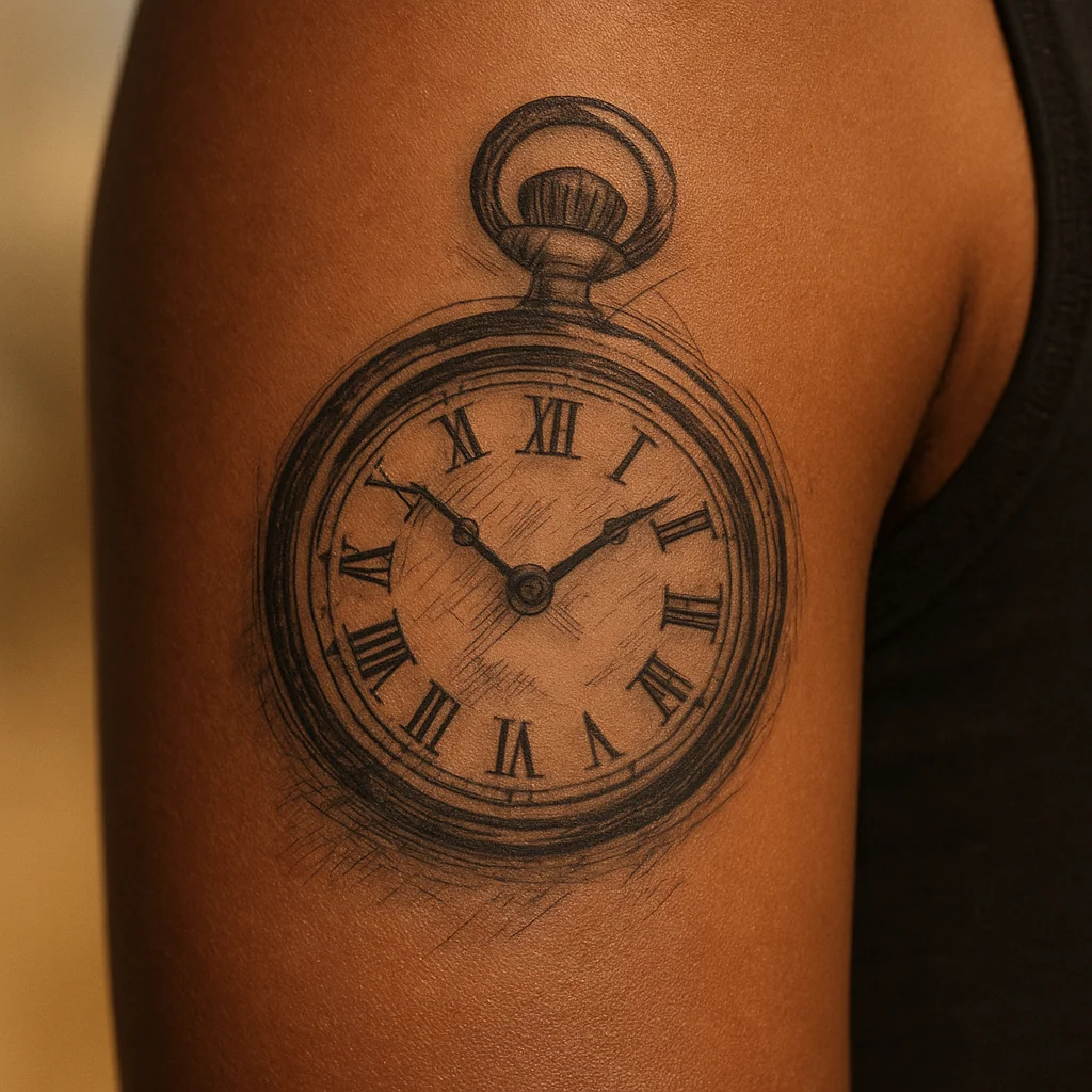 Mid-grey pocket watch with soft-focus background shading on the upper arm