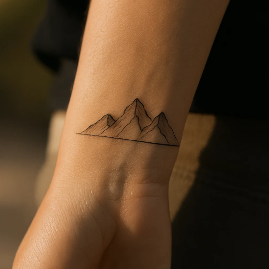 Miniature outlined mountain range tattoo along the outer edge of the hand above the wrist