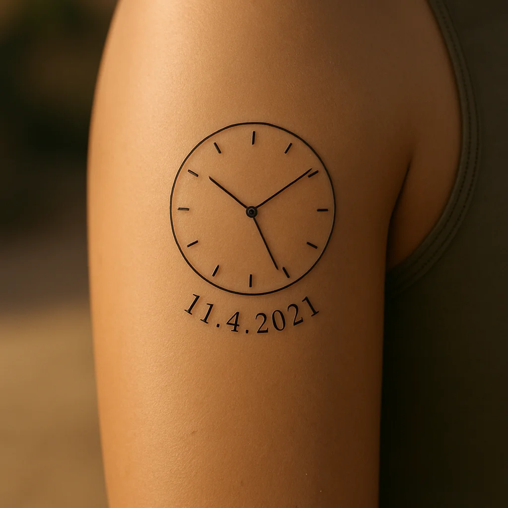 Minimal clock dial set to a birth time with the date arced below, upper arm tattoo