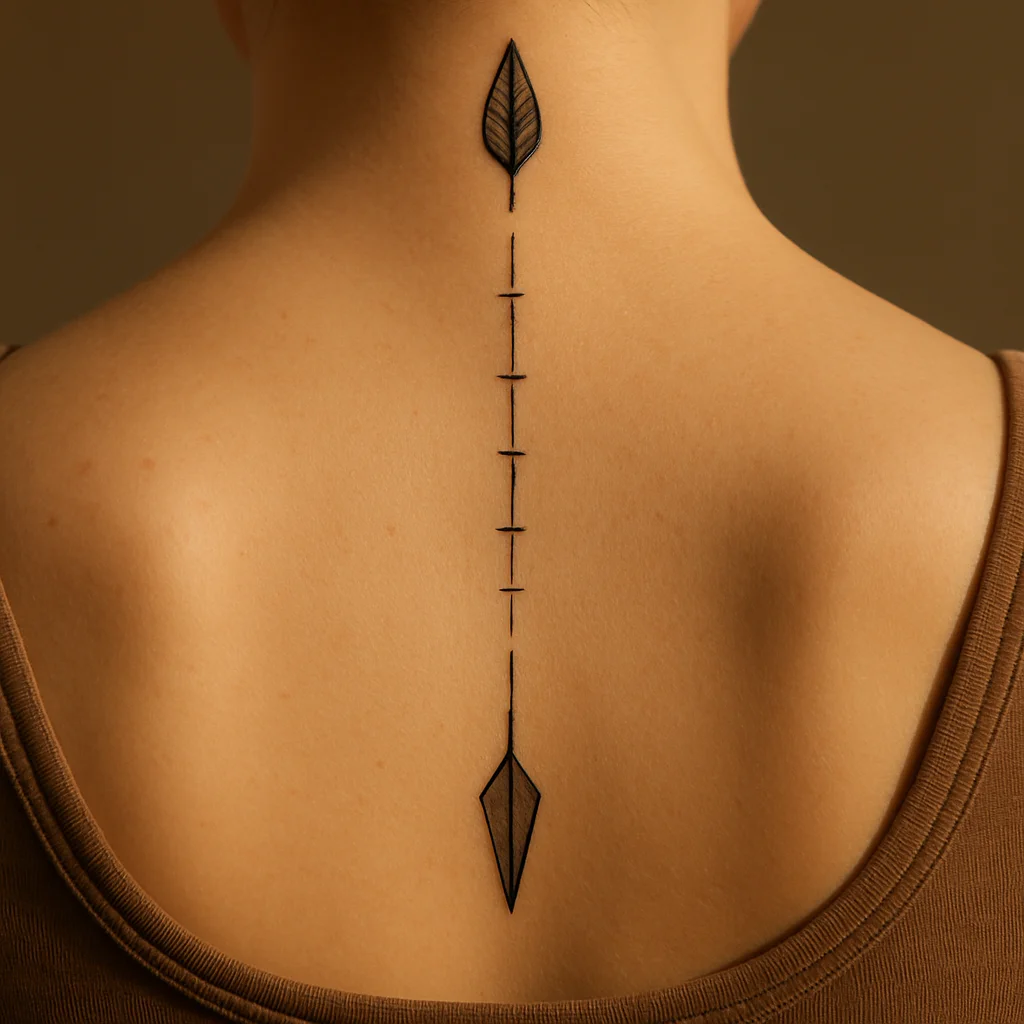 Minimalist arrow spine tattoo with nape fletching and gapped shaft pointing to the sacrum
