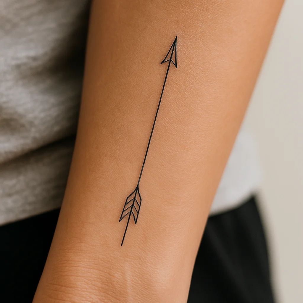 Minimalist arrow tattoo aligned with the tendon on the outer wrist