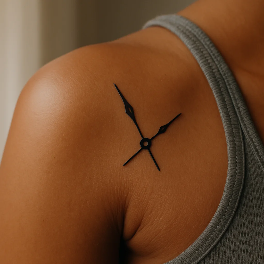 Minimalist clock hands without a dial tattooed on the shoulder blade