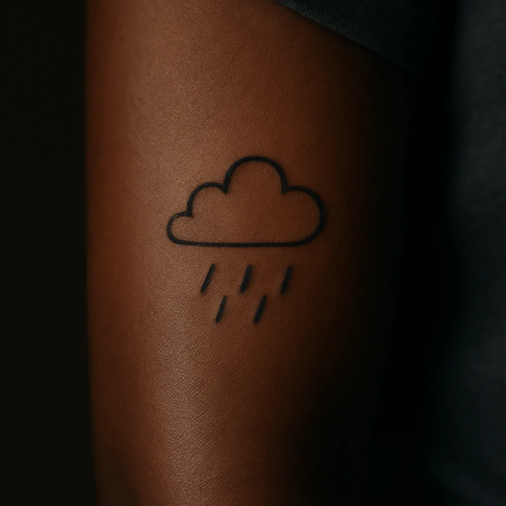 Minimalist cloud with rain dashes tattooed on the inner forearm