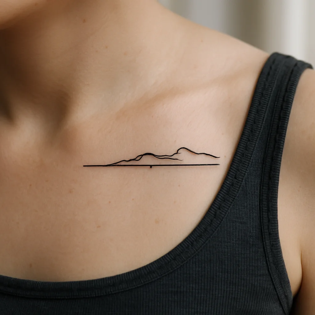 Minimalist coastline segment above matching-weight coordinate numbers tattooed along the collarbone