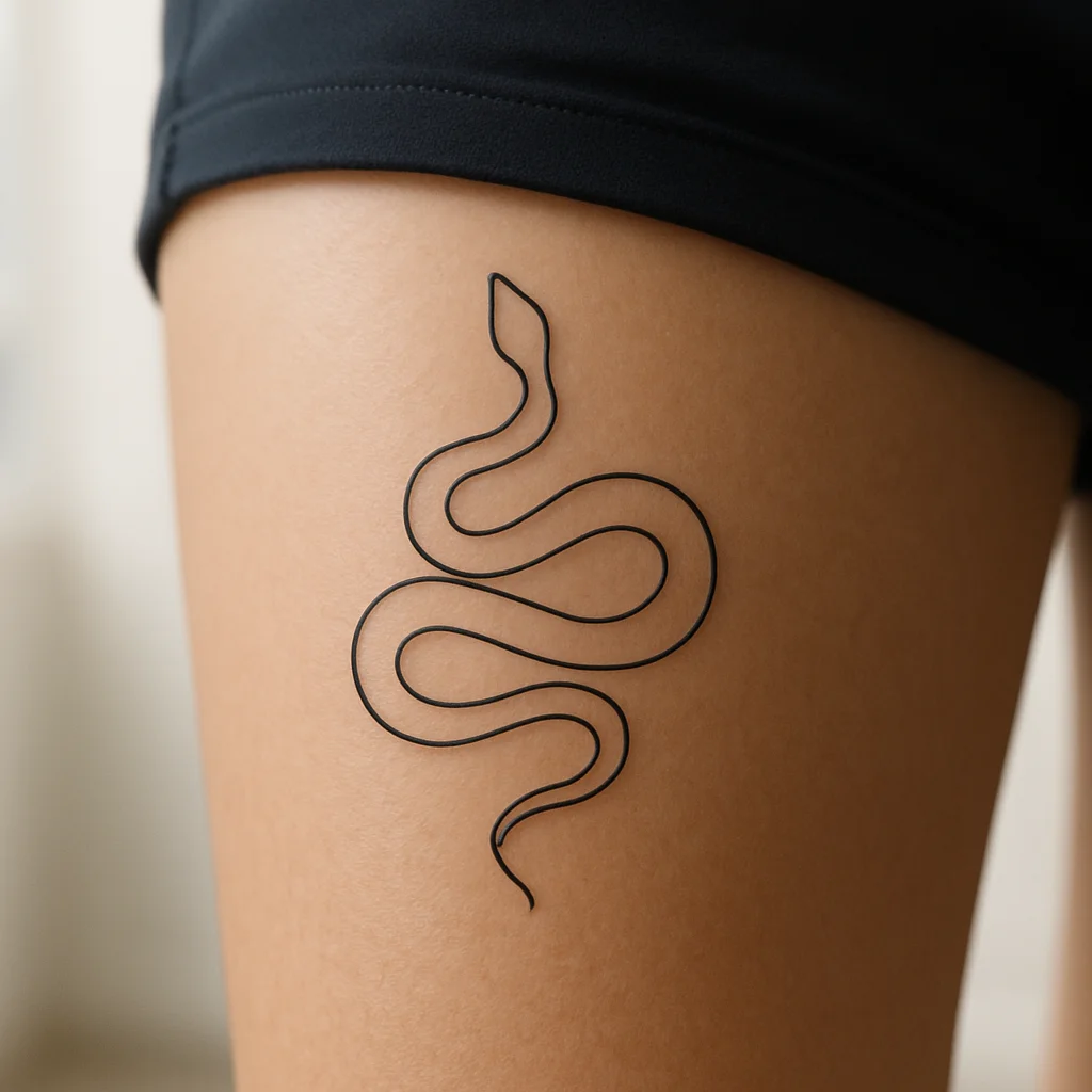 Minimalist coiled snake tattoo in single line weight on a man's outer thigh