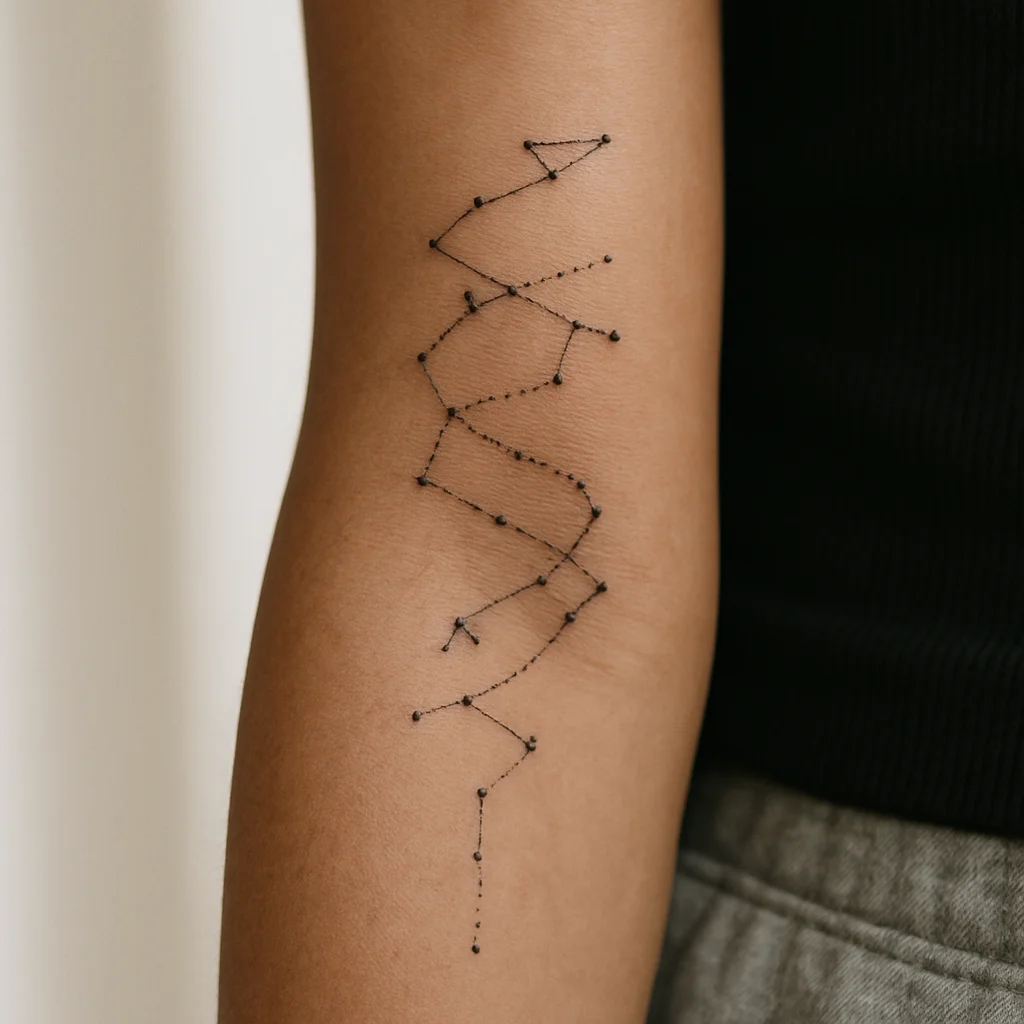 Minimalist constellation column of fine dots spiralling from inner wrist up the forearm