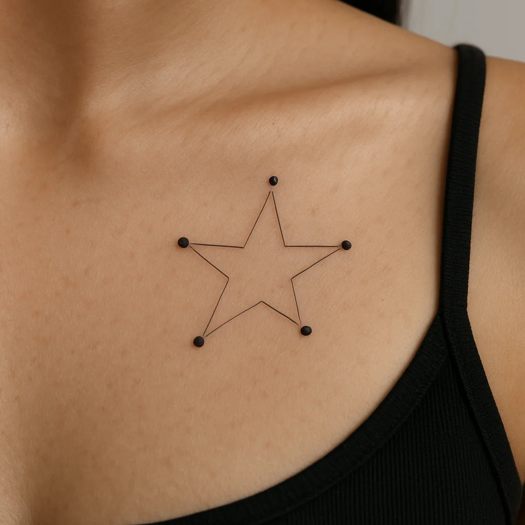 Minimalist constellation dot tattoo running from the collarbone across the upper chest