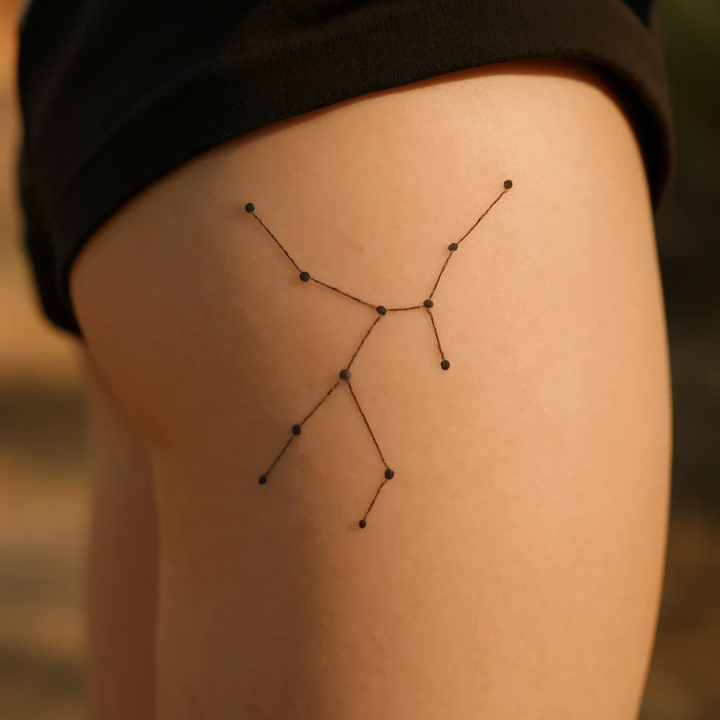 Minimalist constellation tattoo of dots and hairline connectors on a woman's thigh