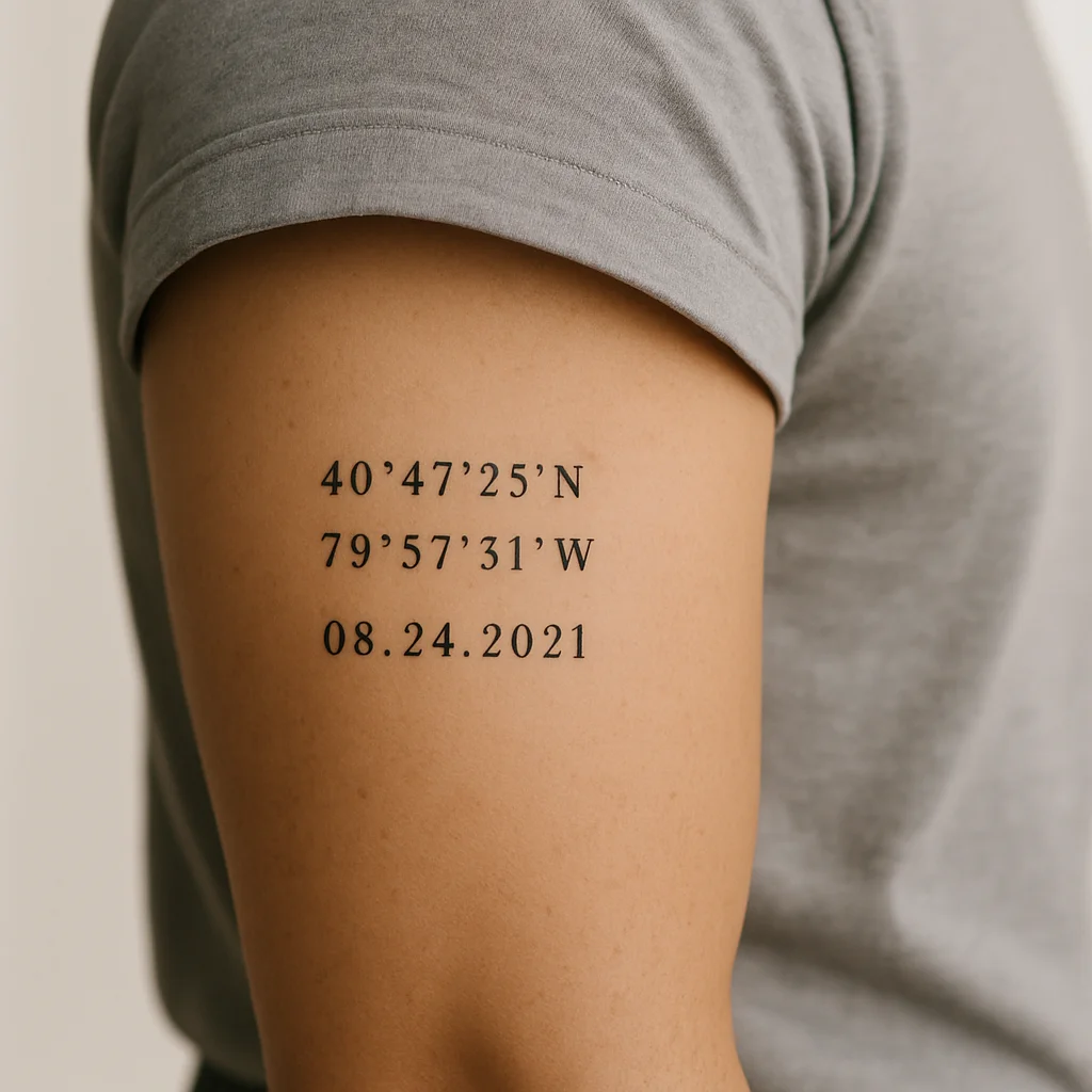 Minimalist coordinates and date tattoo in small caps on a woman's inner bicep