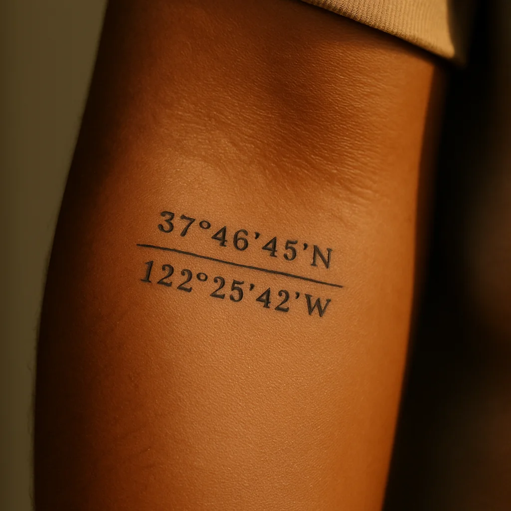Minimalist coordinates and thin horizon line tattooed on a man's inner forearm