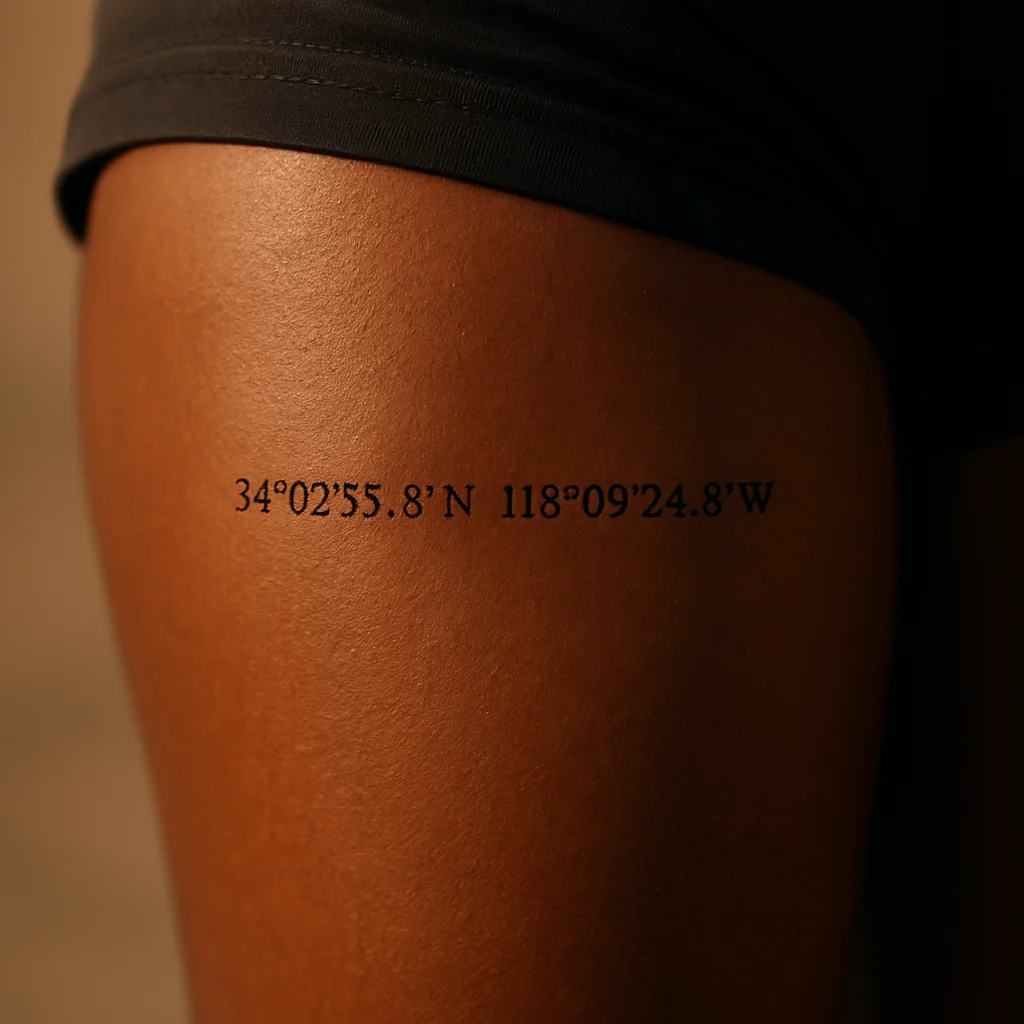 Minimalist coordinates tattoo in a single line of small type across a man's upper thigh