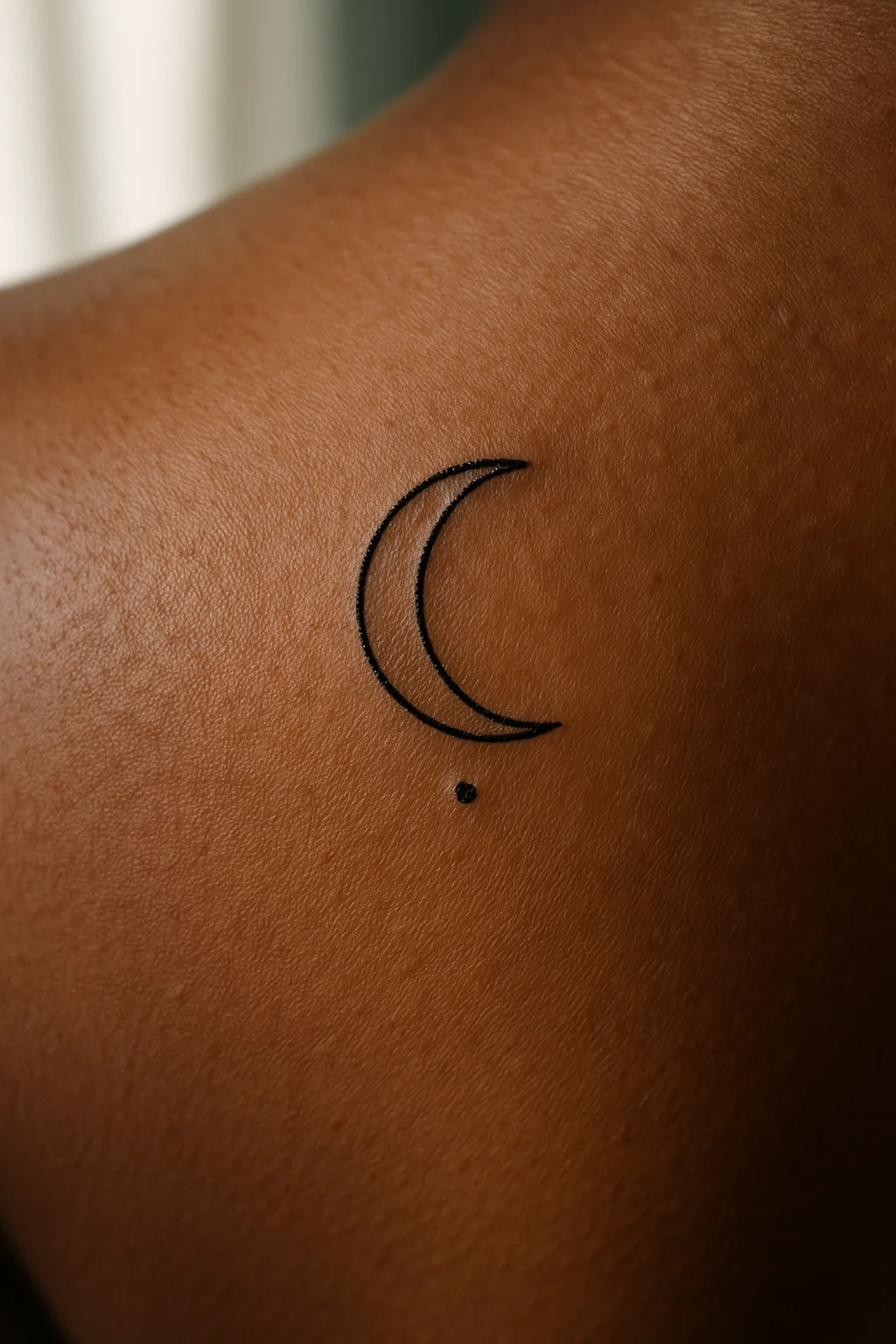 Minimalist crescent moon and dot tattoo on the shoulder blade for a discreet first tattoo