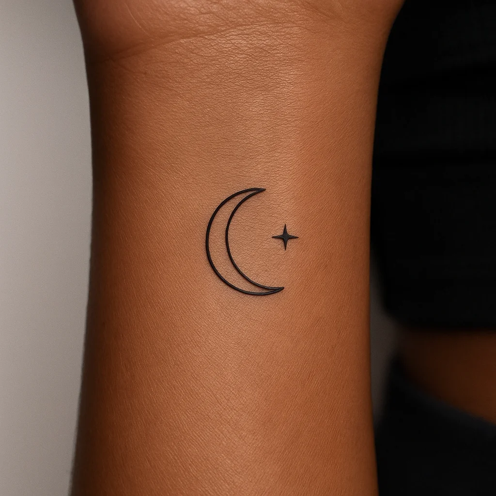 Minimalist crescent moon and single star tattooed on the inner wrist