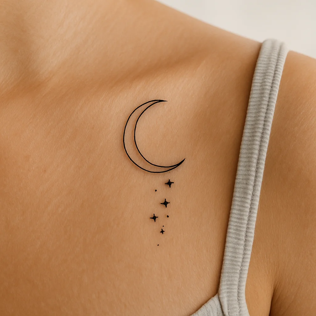 Minimalist crescent moon and star cluster arcing across the shoulder