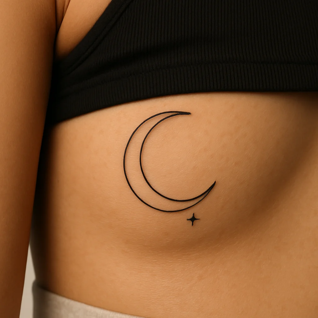 Minimalist crescent moon and star tattoo tucked under the bust line