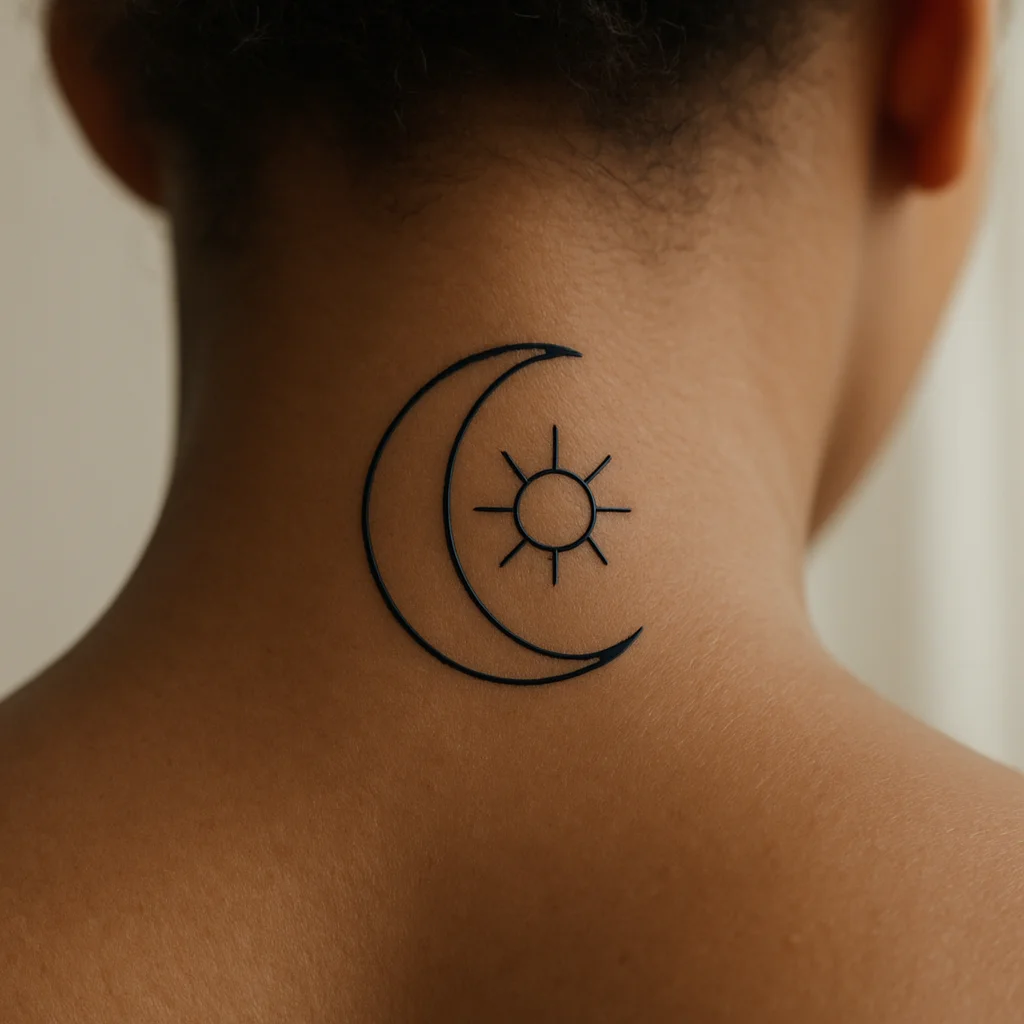 Minimalist crescent moon cradling a small sun tattooed at the nape of the neck