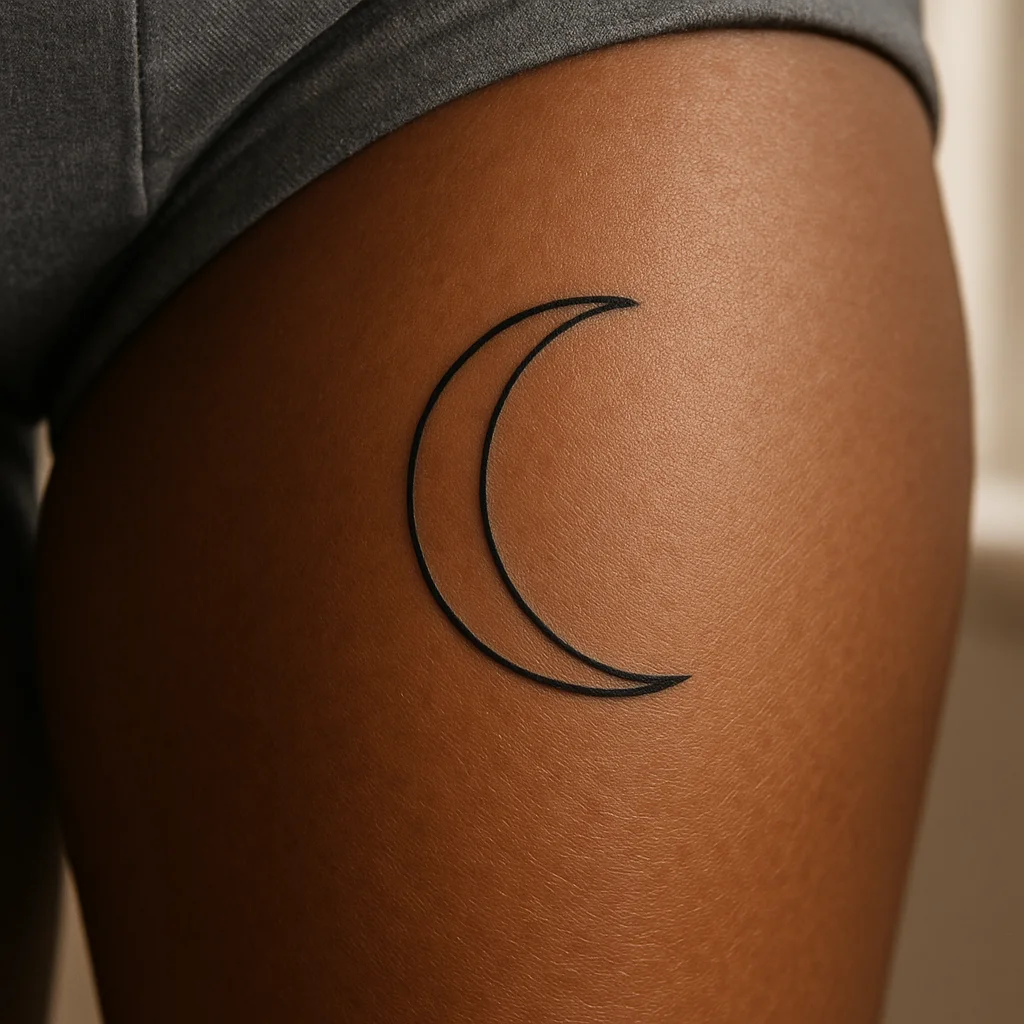Minimalist crescent moon tattoo on the inner thigh as part of a mirrored pair