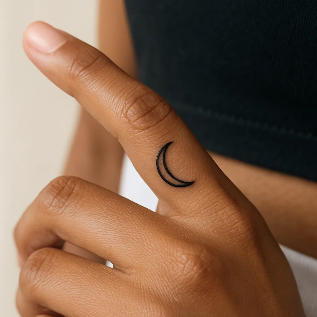 Minimalist crescent moon tattoo on the outer side of an index finger